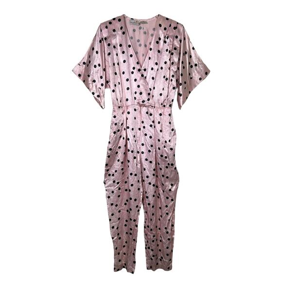 Liz Claiborne Vintage 80s Silk Pleated Polka Pot V-Neck Short Sleeve Jumpsuit 10 - Picture 1 of 10